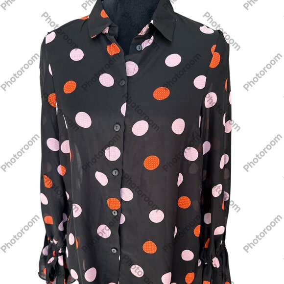 Asos Size 6 Black Polka Dot Sheer Long Sleeve Button Blouse - Picture 1 of 6